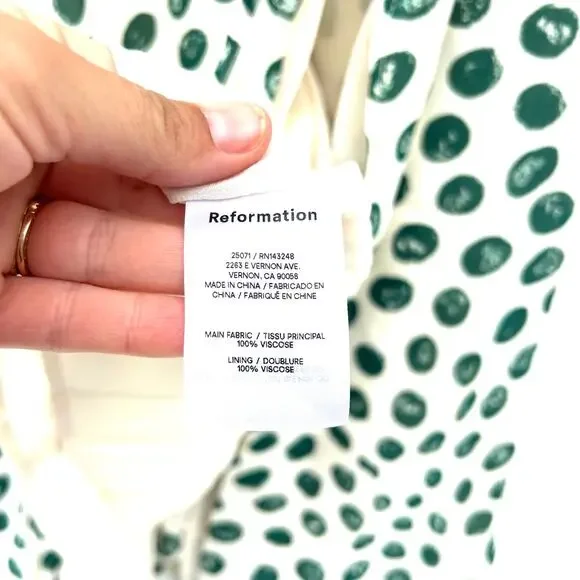 Reformation Fulton Midi Dress Green Polka Dot Slit Tapioca 8 Spring Leopard - Picture 12 of 12